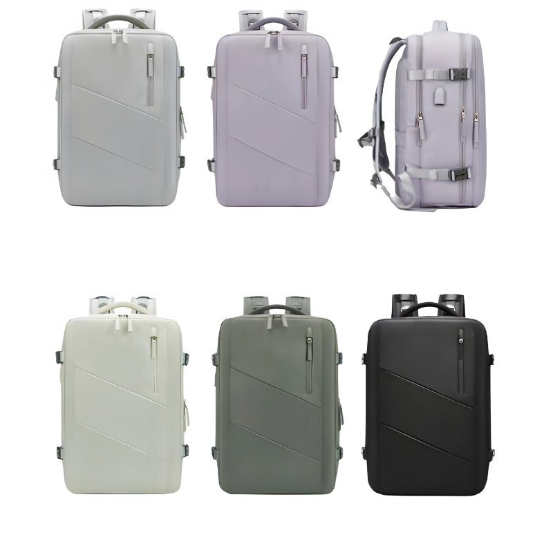 cabin travel backpack six models lined up - Lavender - Black - Grey - Gray - Green - Army Green