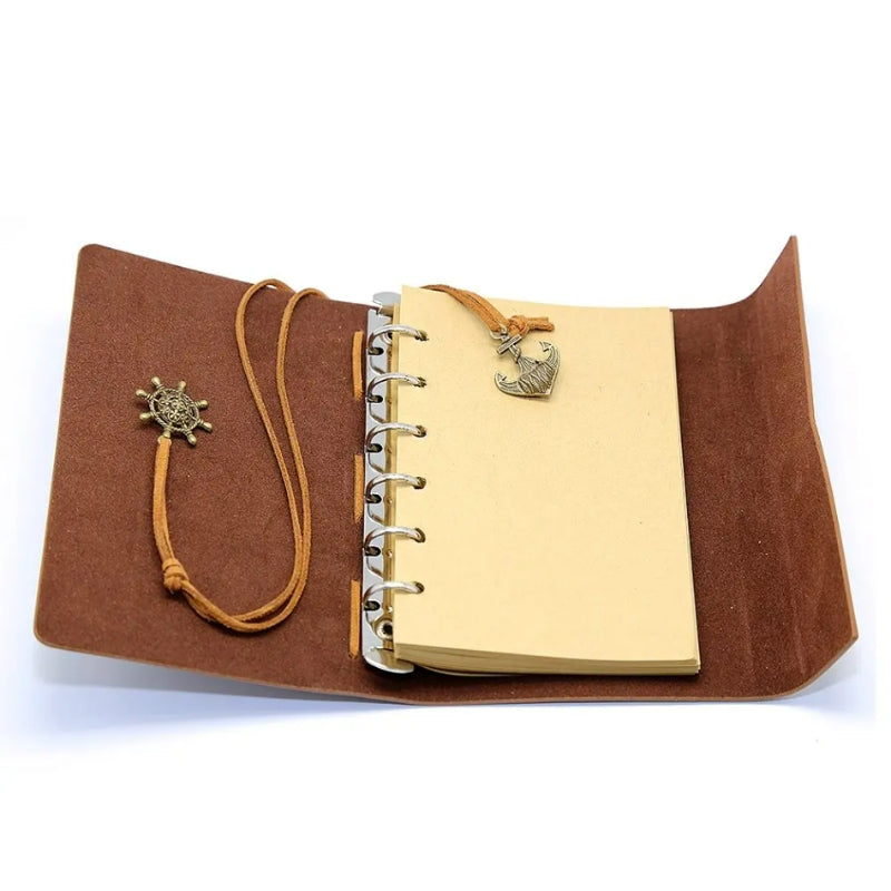 faux leather travel notebook cover inside open - Red - Green - Blue - Black - Light Brown - Dark Brown - Perforated Leaves