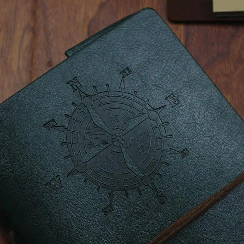 faux leather travel notebook cover engraved compass detail - Red - Green - Blue - Black - Light Brown - Dark Brown - Perforated Leaves