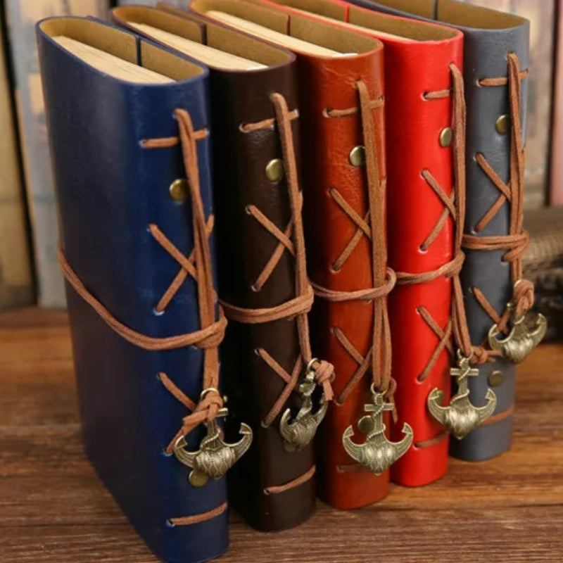 faux leather travel notebook cover five notebooks aligned - Red - Green - Blue - Black - Light Brown - Dark Brown - Perforated Leaves