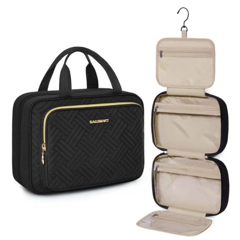 large luxury women's toiletry bag open compartment - Black - Pink