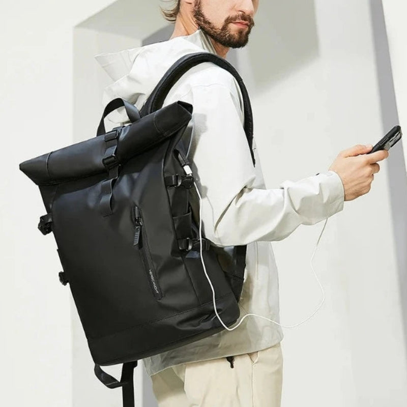waterproof roll top backpack carried on shoulder - Green - Black - Grey - Gray - Pink - Navy Blue