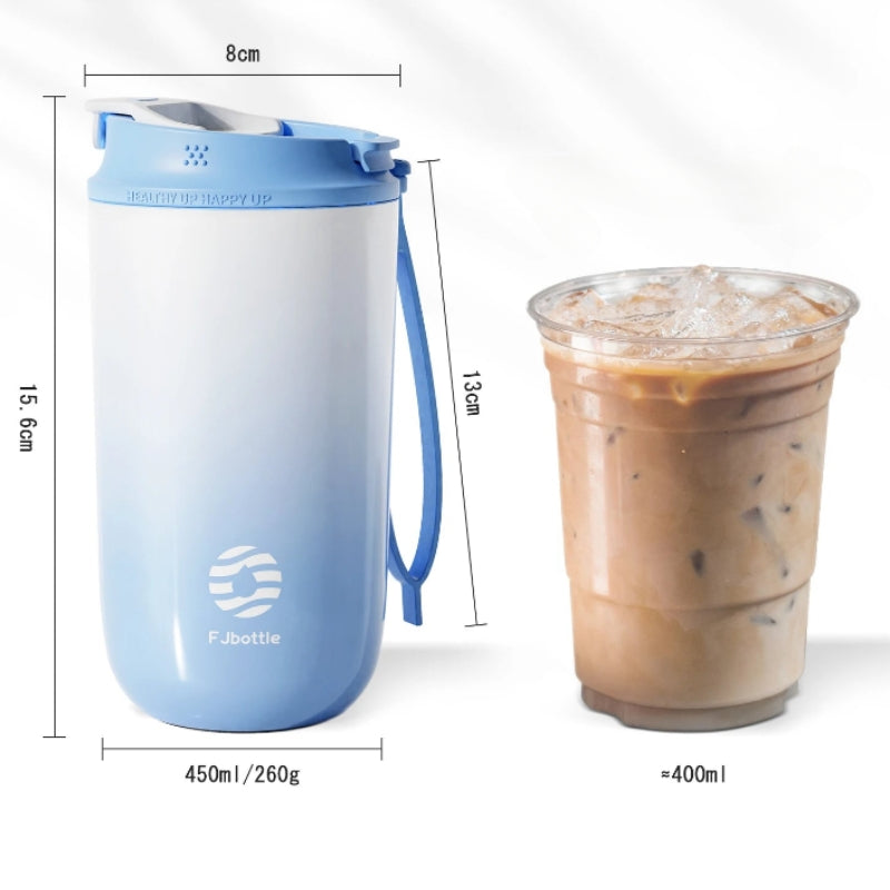 coffee thermos mug dimensions displayed - Blue - Green - Orange - Pink - Black