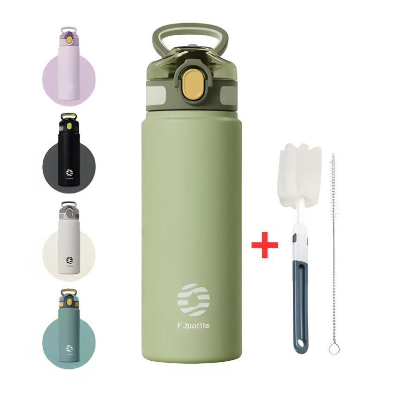 insulated water bottle with integrated straw close up product - Green - Black - Grey - Gray - Lavender - Blue