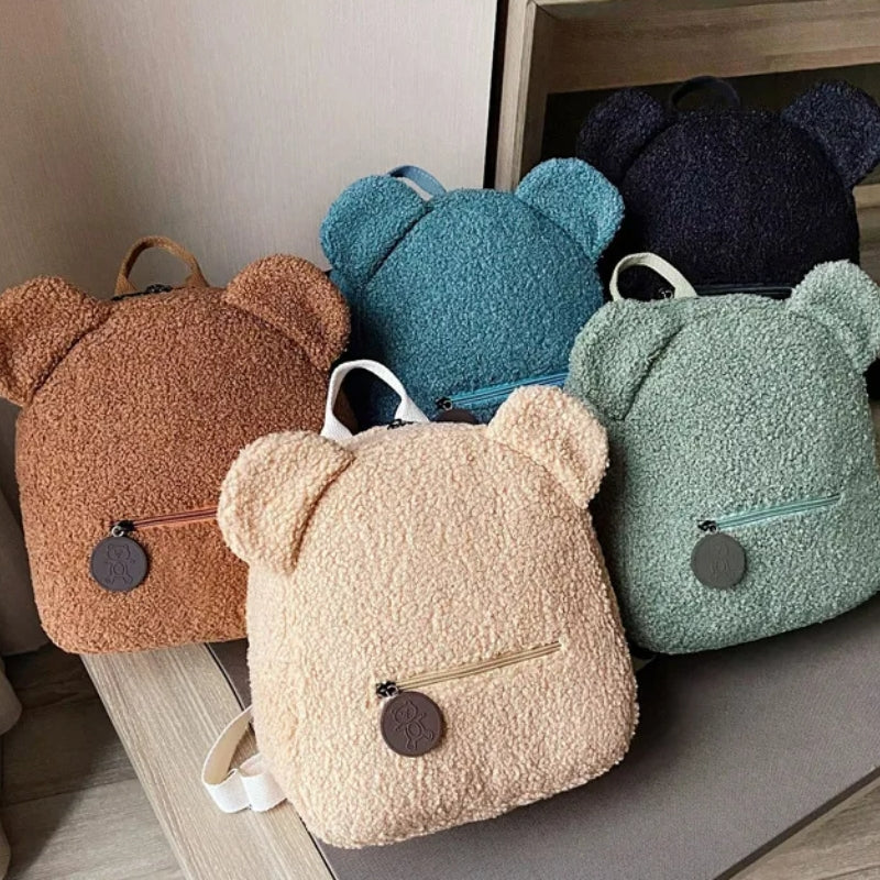 customizable child backpack five bags lined up - Brown - Beige - Light Blue - Cream White - Dark Green - Pink - Light Pink - Turquoise - Black - Taupe