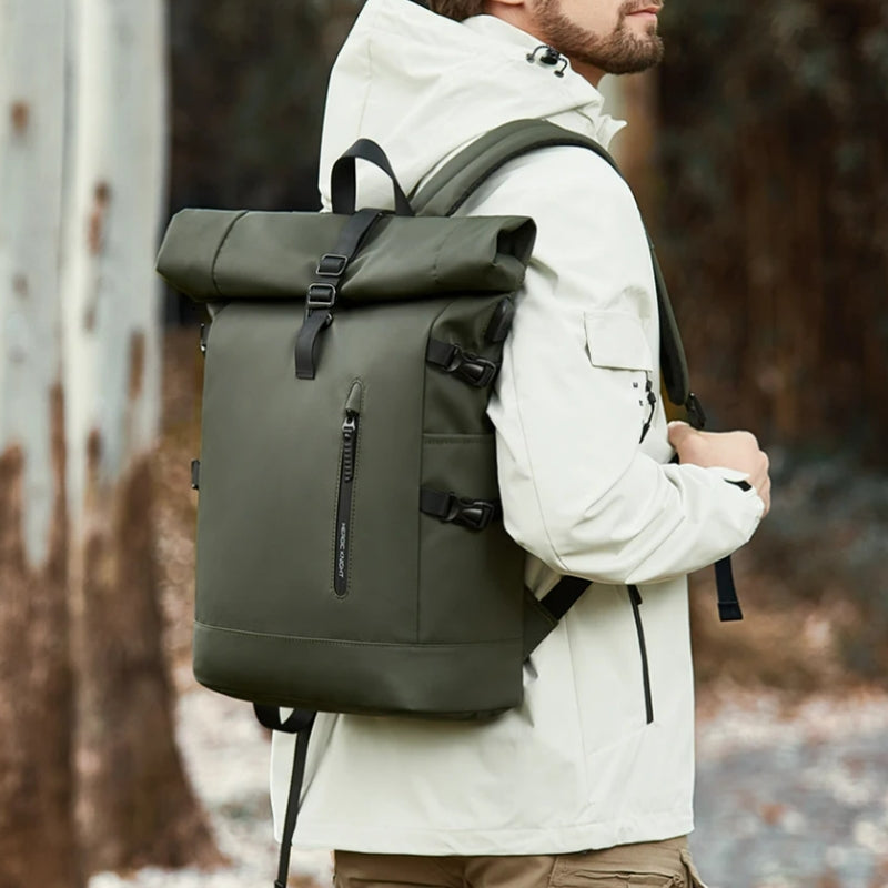 waterproof roll top backpack worn on shoulder - Green - Black - Grey - Gray - Pink - Navy Blue
