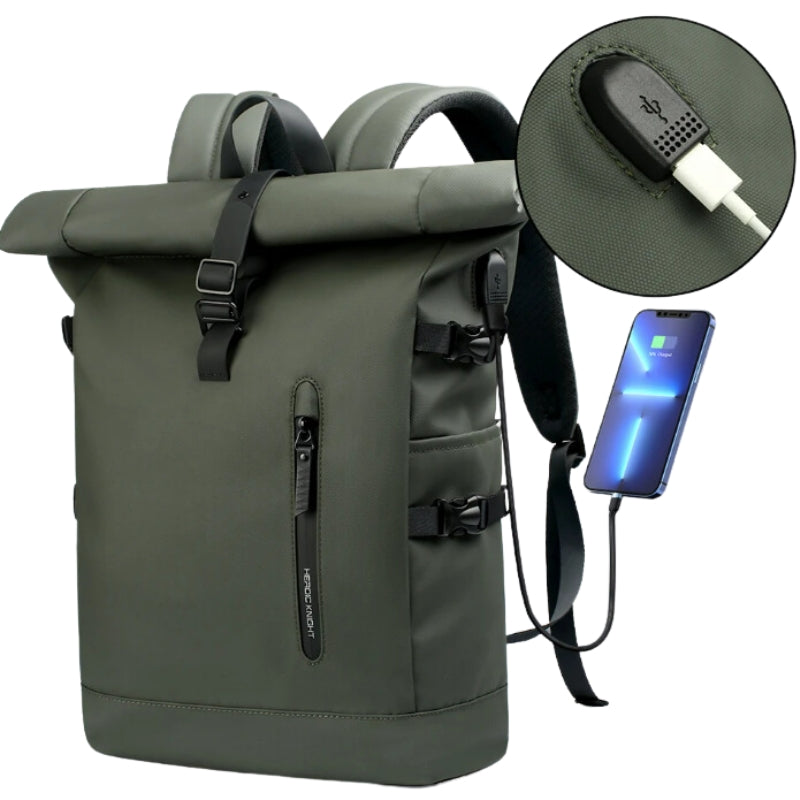 waterproof roll top backpack close up usb port - Green - Black - Grey - Gray - Pink - Navy Blue