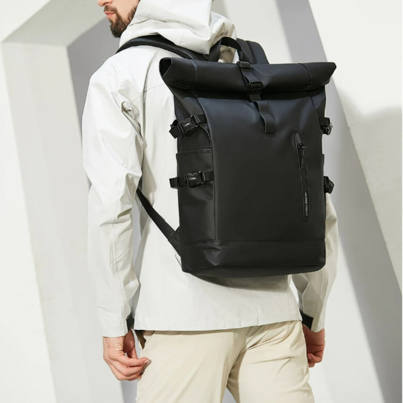 waterproof roll top backpack close up on bag - Green - Black - Grey - Gray - Pink - Navy Blue