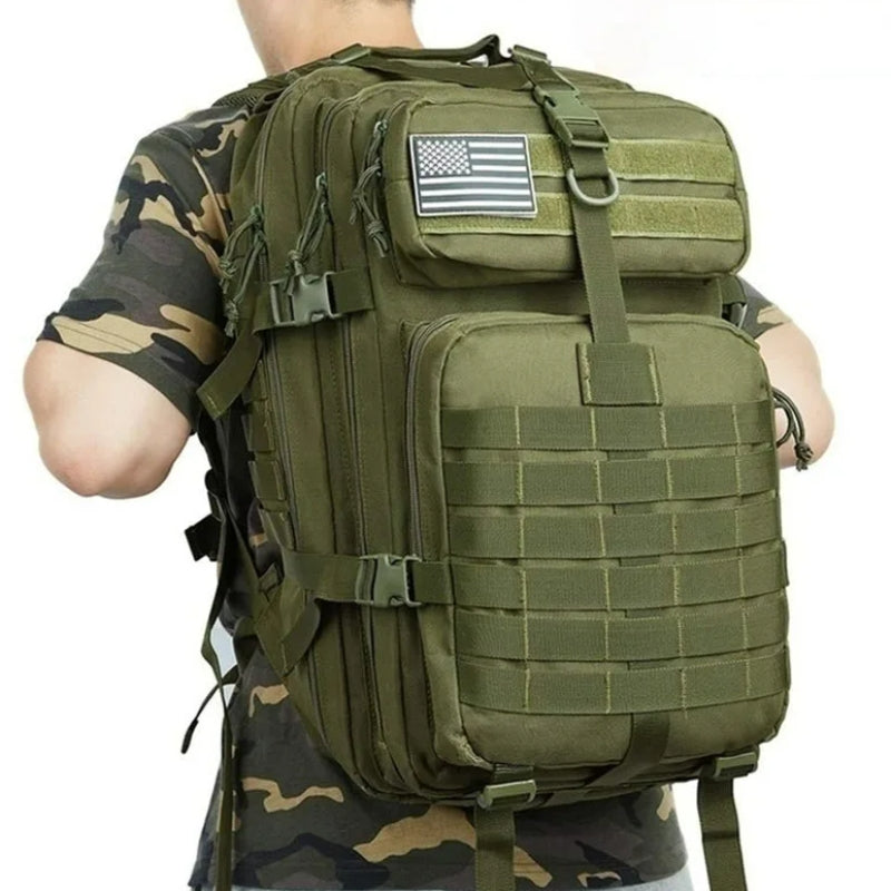 military hiking backpack close up on bag - Beige - Black - Green