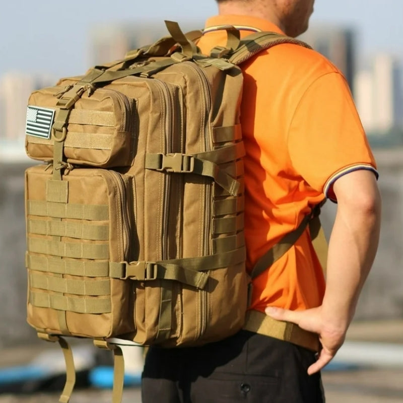 military hiking backpack close up on bag - Beige - Black - Green