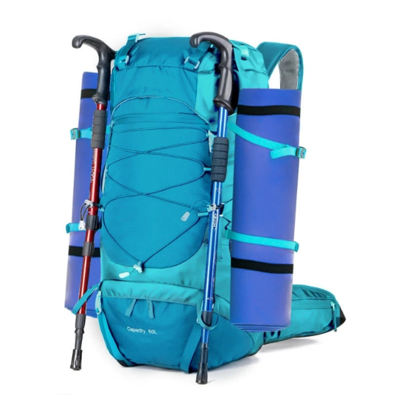 50l hiking bag close up on the bag - Turquoise - Army Green - Blue - Black - Red