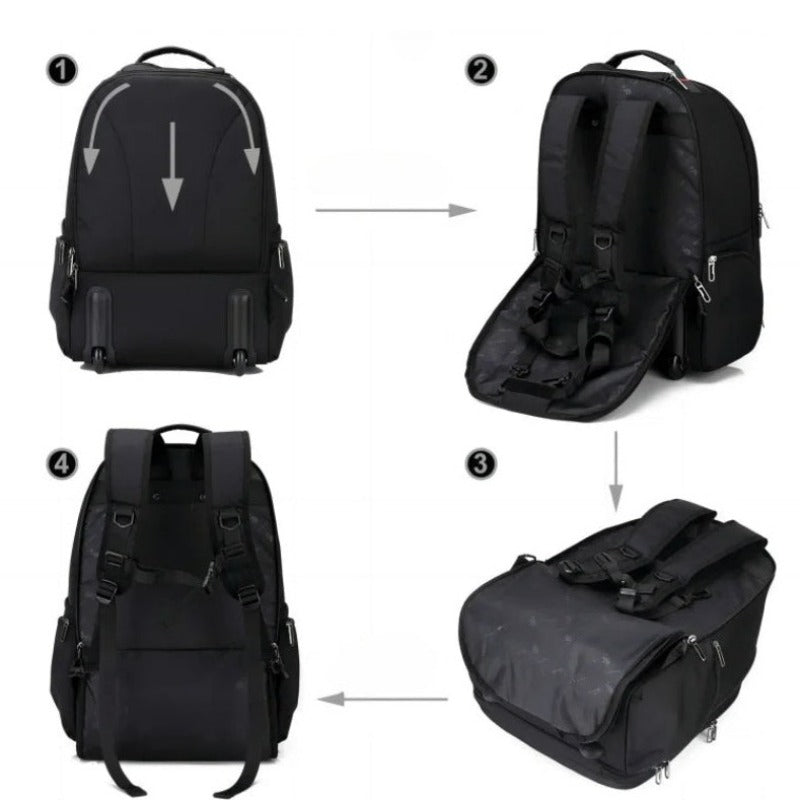 rolling backpack suitcase four steps of use - Black