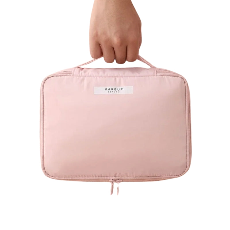 women's toiletry and makeup bag held in hand - Pink - Sky Blue - Green - Grey - Gray