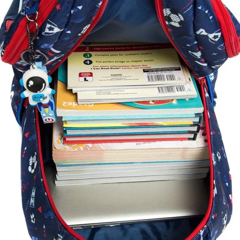 children's backpack and wheels interior filled with books - Mermaid Pattern 1 - Mermaid Pattern 2 - Unicorn Pattern - Football Pattern 1 - Football Pattern 2