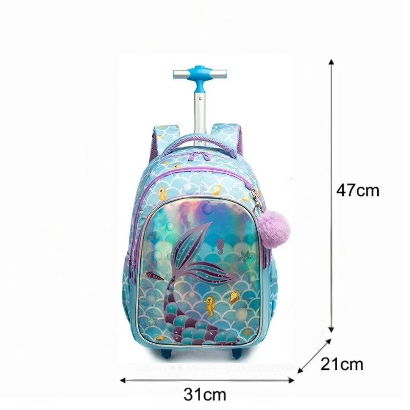children's backpack and wheels close up of the bag - Mermaid Pattern 1 - Mermaid Pattern 2 - Unicorn Pattern - Football Pattern 1 - Football Pattern 2