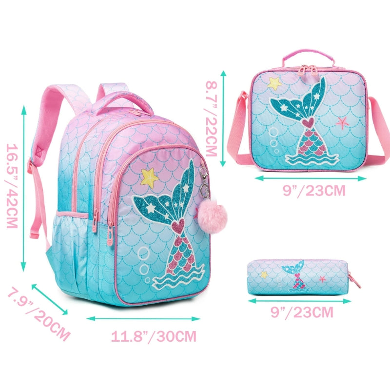 children's backpack 6 years three items aligned - Deer Pattern - Llama Pattern - Giraffe Pattern - Mermaid Pattern 1 - Mermaid Pattern 2