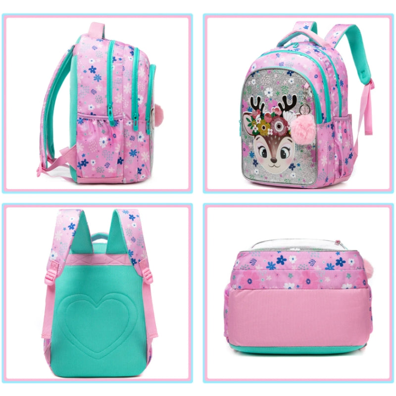 children's backpack 6 years four different angles - Deer Pattern - Llama Pattern - Giraffe Pattern - Mermaid Pattern 1 - Mermaid Pattern 2