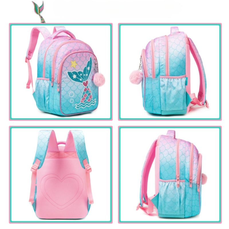 children's backpack 6 years four different angles - Deer Pattern - Llama Pattern - Giraffe Pattern - Mermaid Pattern 1 - Mermaid Pattern 2