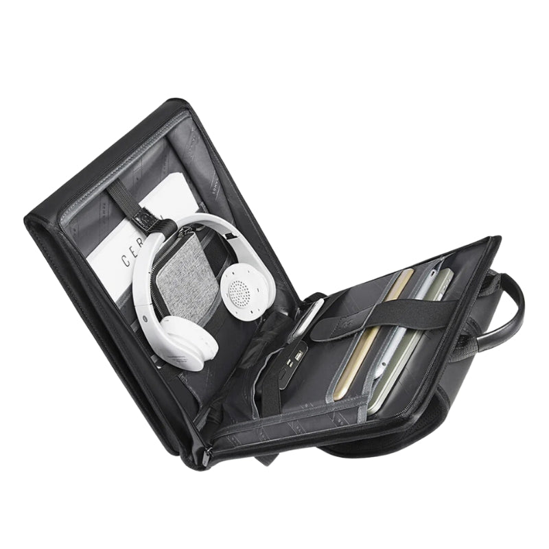 luxury men's laptop backpack compartment open - Black - Grey - Gray