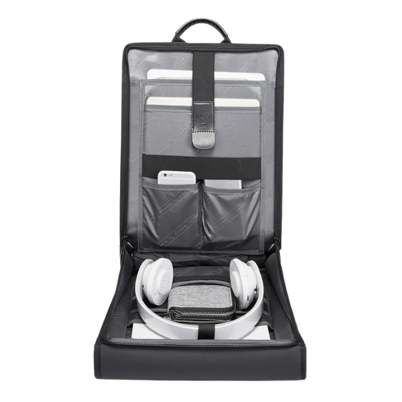 luxury men's laptop backpack compartment open - Black - Grey - Gray