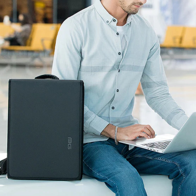 luxury men's laptop backpack close up on laptop - Black - Grey - Gray