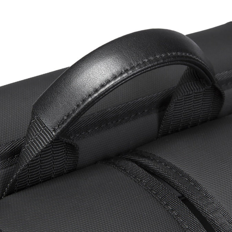 luxury men's laptop backpack close up handle - Black - Grey - Gray
