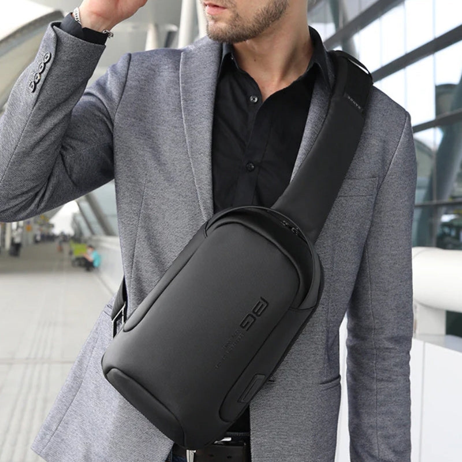 men's chest bag worn on shoulder - Navy Blue - Grey - Gray - Black