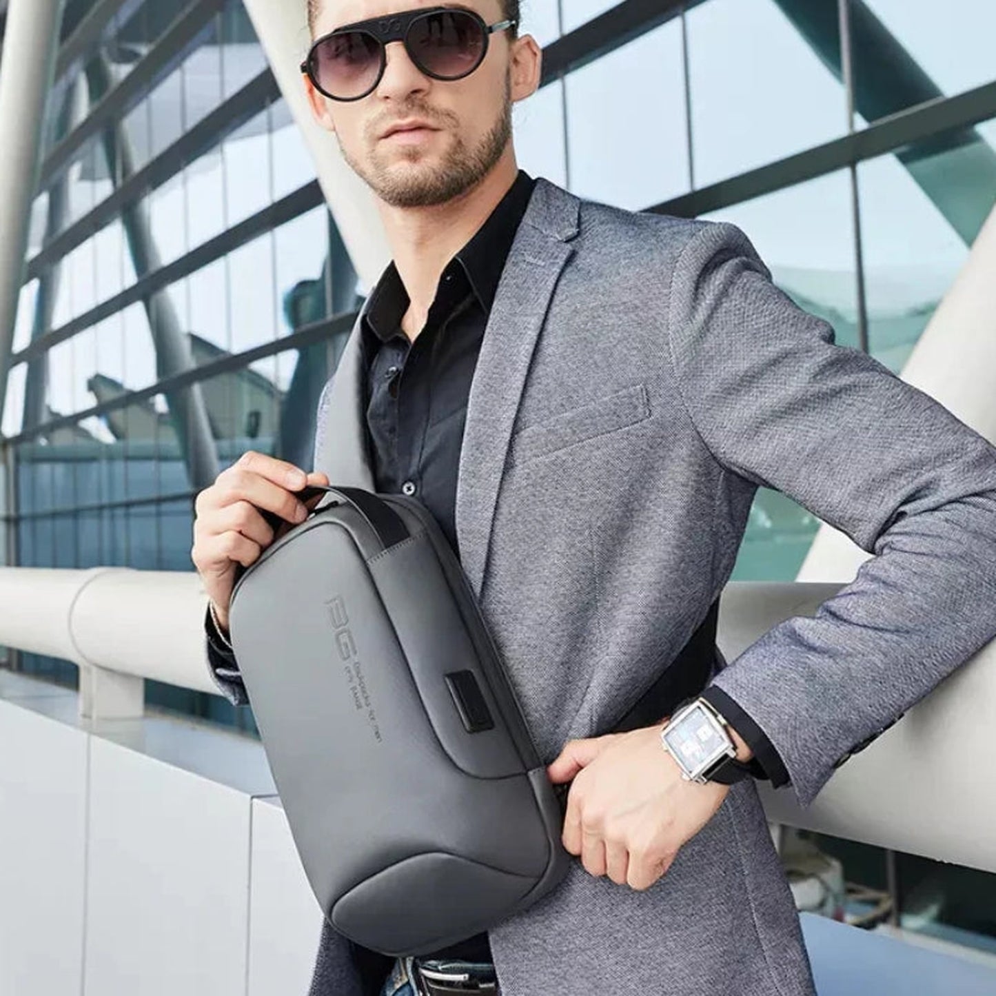 men's chest bag worn on shoulder - Navy Blue - Grey - Gray - Black