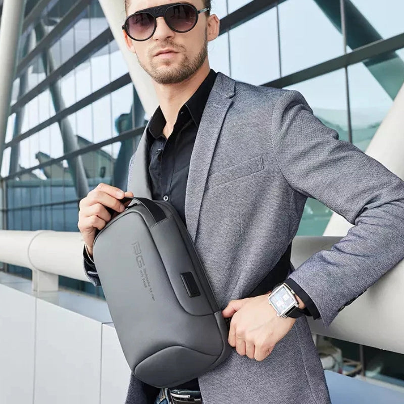 men's chest bag worn on shoulder - Navy Blue - Grey - Gray - Black