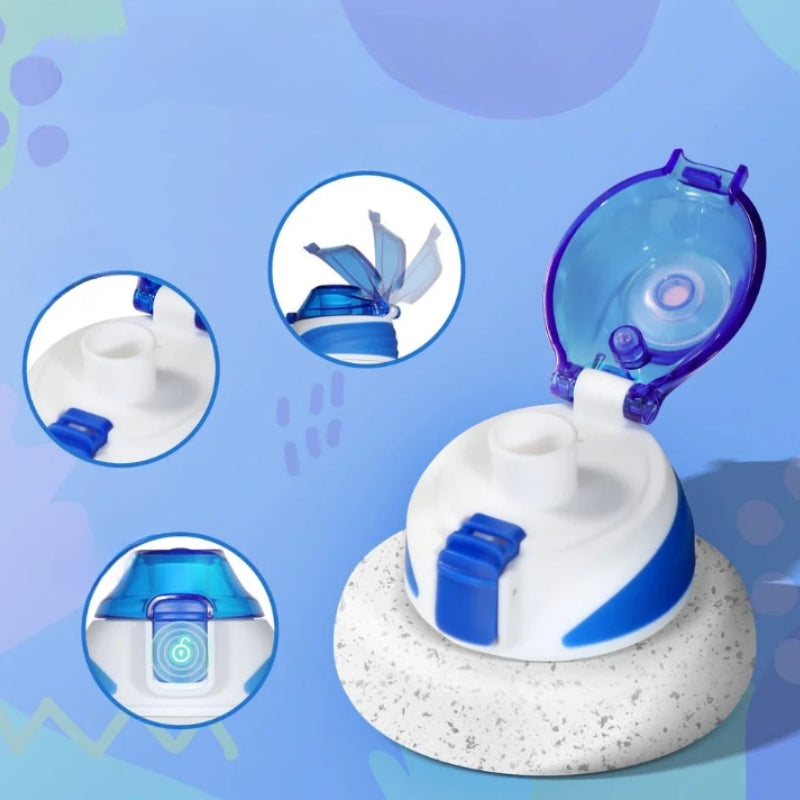 kids water bottle 3 years close up opening - Train - Fish - Unicorn - Dinosaur - Strawberry - Bee