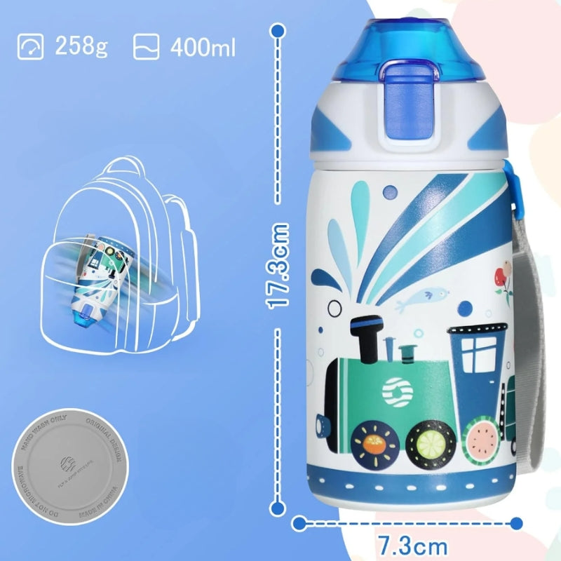 kids water bottle 3 years dimensions shown - Train - Fish - Unicorn - Dinosaur - Strawberry - Bee