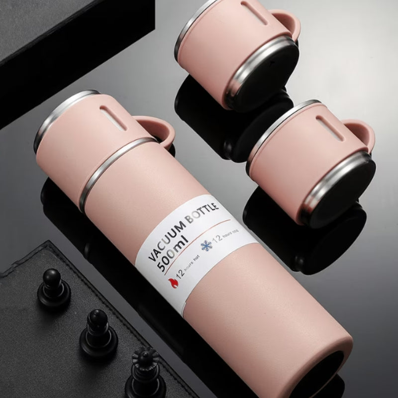 thermos with cup two cups and bottle - Pink - Black - Beige - Green - Grey - Gray - Blue