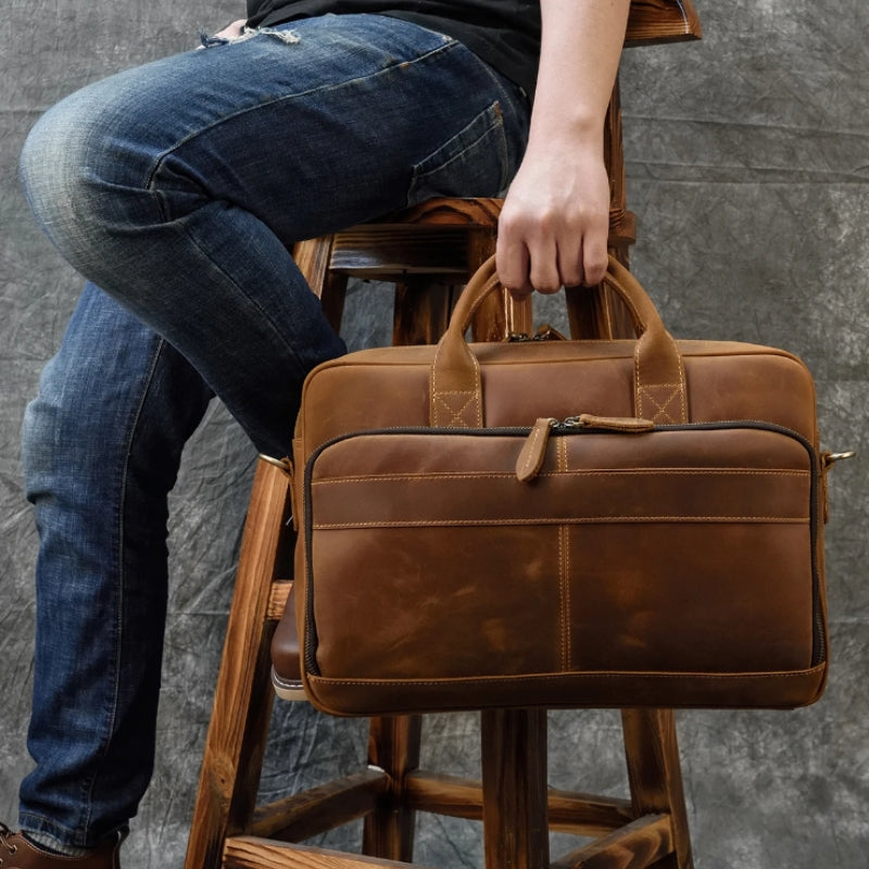 leather laptop bag for men carried by hand - Glossy Brown - Glossy Black - Matte Brown - Matte Camel