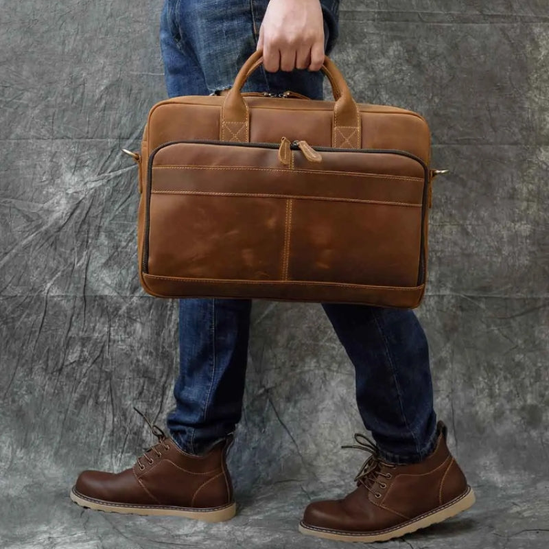leather laptop bag for men carried by hand - Glossy Brown - Glossy Black - Matte Brown - Matte Camel
