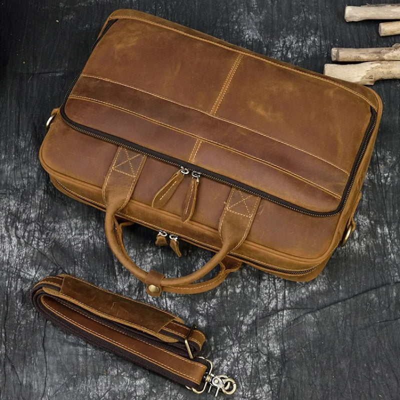 leather laptop bag for men close up zip closure - Glossy Brown - Glossy Black - Matte Brown - Matte Camel