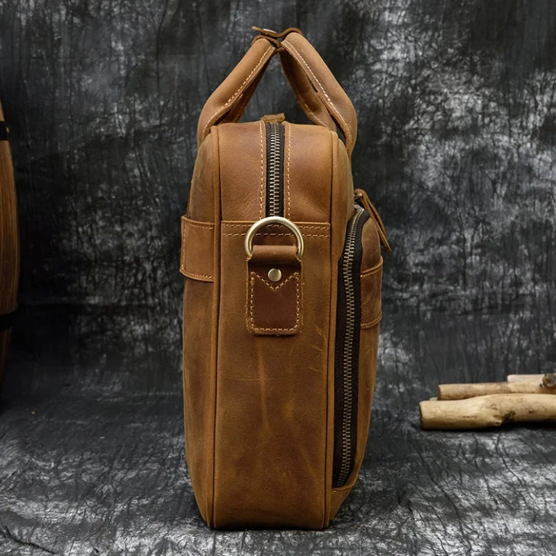 leather laptop bag for men close up zip closure - Glossy Brown - Glossy Black - Matte Brown - Matte Camel