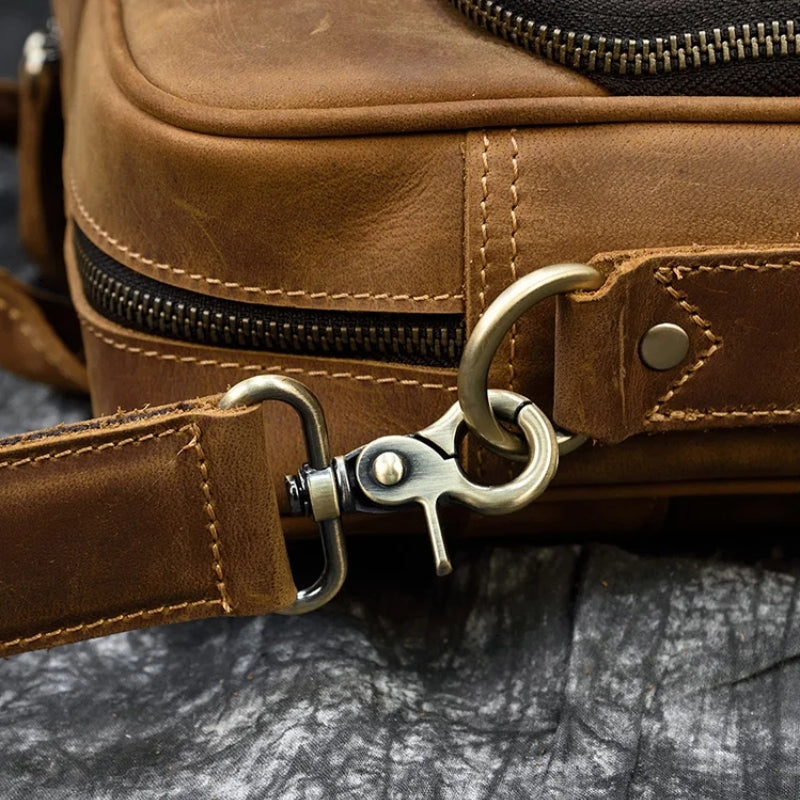 leather laptop bag for men close up zip closure - Glossy Brown - Glossy Black - Matte Brown - Matte Camel