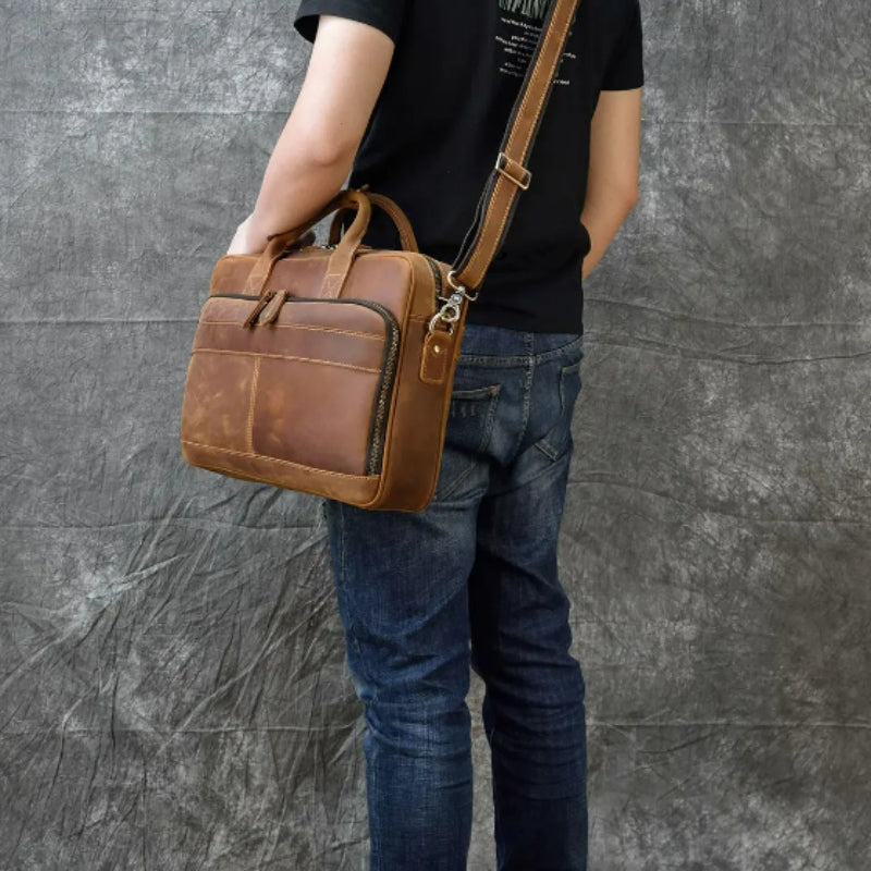 leather laptop bag for men worn on the shoulder - Glossy Brown - Glossy Black - Matte Brown - Matte Camel