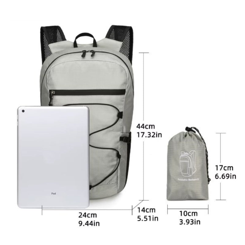 foldable and waterproof backpack displayed dimensions - Orange - Purple - Dark grey - Dark gray - Light grey - Light gray - Army green - Navy blue - Black - Sky blue