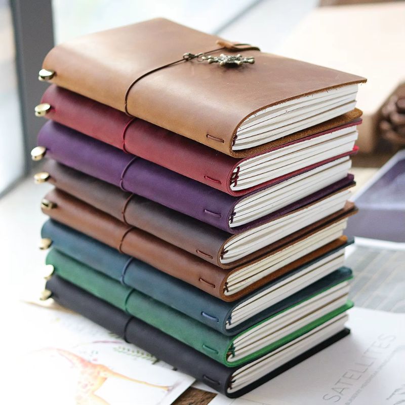 vintage notebook eight notebooks stacked - Black - Dark Brown - Brown - Green - Blue - Red - Purple