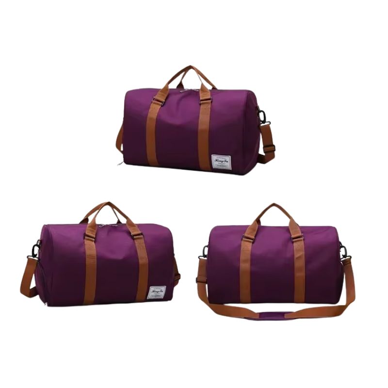 weekend bag with shoe compartment three different angles - Khaki - Black - Blue - Green - Purple