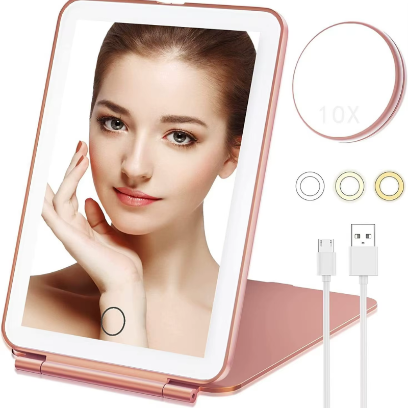 portable zoom led mirror close up face - White - Pink