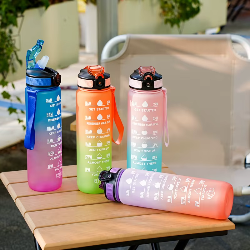 water bottle with straw four bottles aligned - Purple and Yellow - Sky Blue - Turquoise - Pink - Black - Red and Black - Pink and Blue - Pink and Turquoise - Turquoise and Fuchsia - Black and White