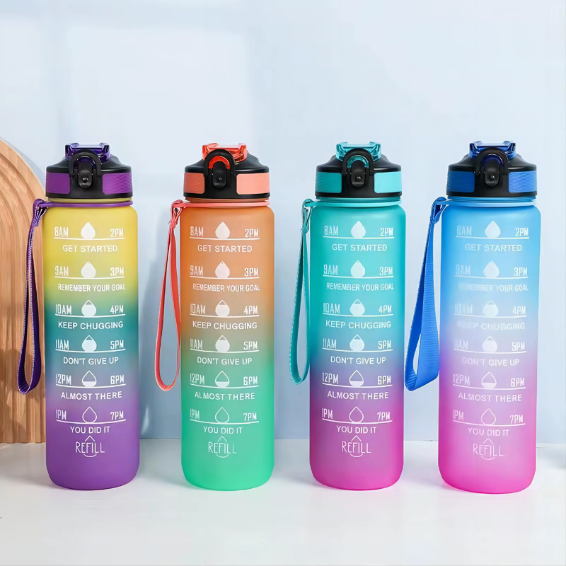 water bottle with straw four bottles aligned - Purple and Yellow - Sky Blue - Turquoise - Pink - Black - Red and Black - Pink and Blue - Pink and Turquoise - Turquoise and Fuchsia - Black and White