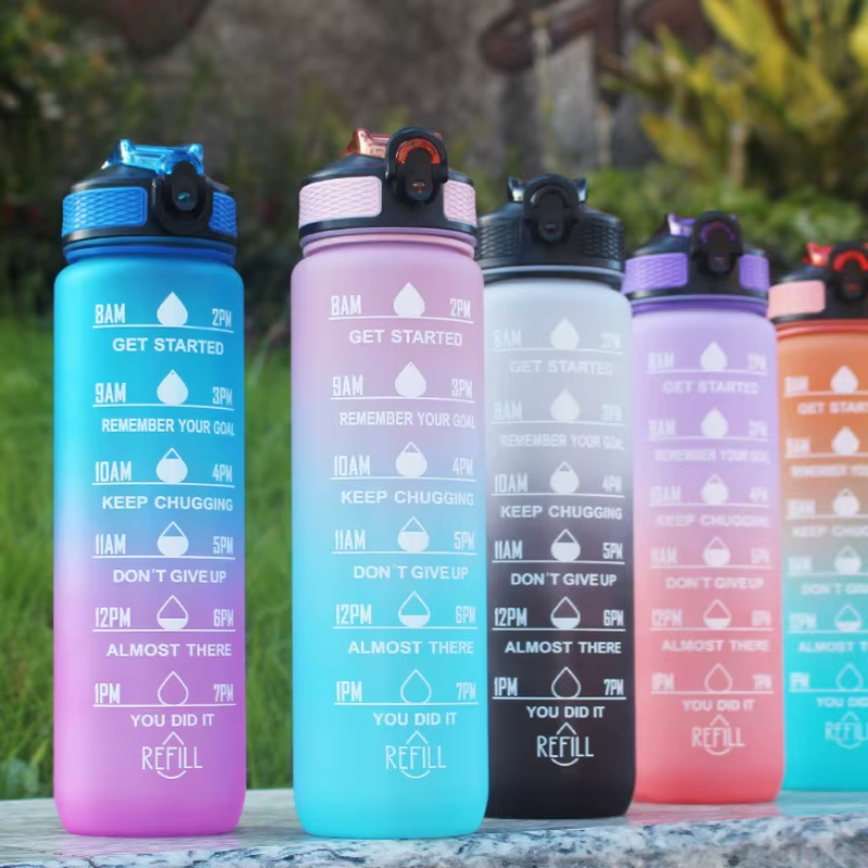 water bottle with straw five bottles aligned - Purple and Yellow - Sky Blue - Turquoise - Pink - Black - Red and Black - Pink and Blue - Pink and Turquoise - Turquoise and Fuchsia - Black and White