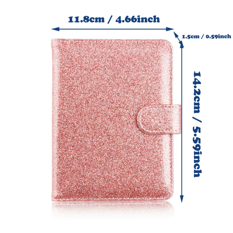 glitter passport holder dimensions displayed - Champagne - Pink - Purple - Blue