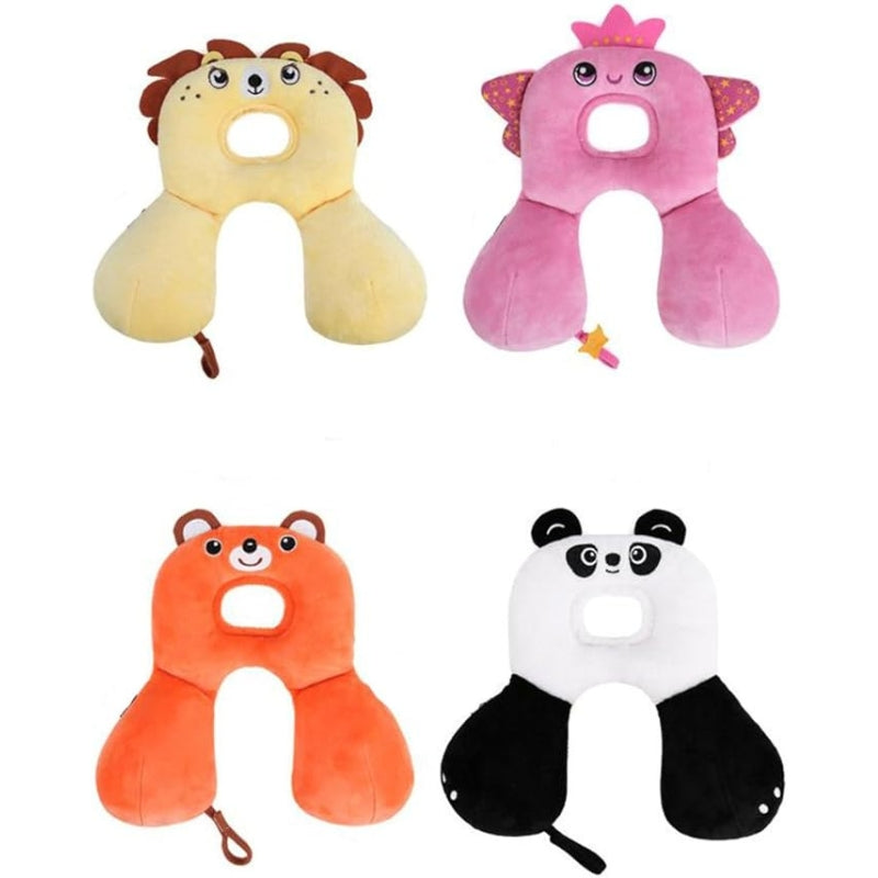 child travel pillow airplane four models aligned - Dog - Rabbit - Lion - Dinosaur - Chick - Teddy Bear - Panda - Fish