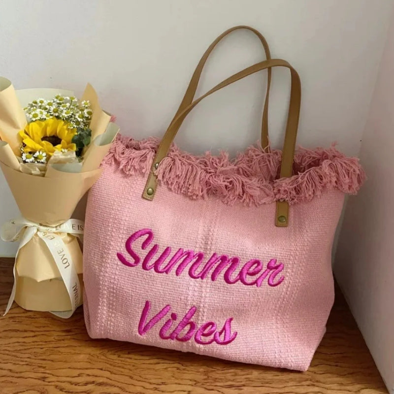 women's beach bag close up fringe - Cream White - Black - Green - Beige - Pink