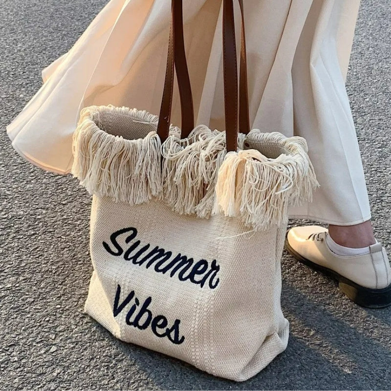 women's beach bag close up fringe - Cream White - Black - Green - Beige - Pink