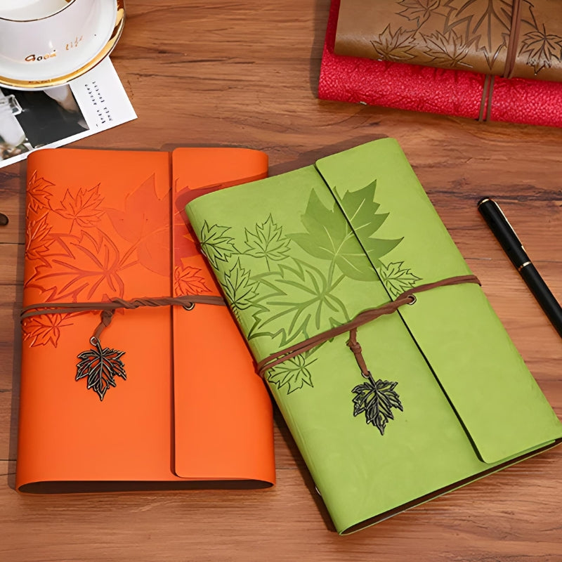 vintage travel notebook two notebooks open - Light Brown - Dark Brown - Brown - Sky Blue - Blue - Orange - Light Green - Green - Pink - Perforated Leaves